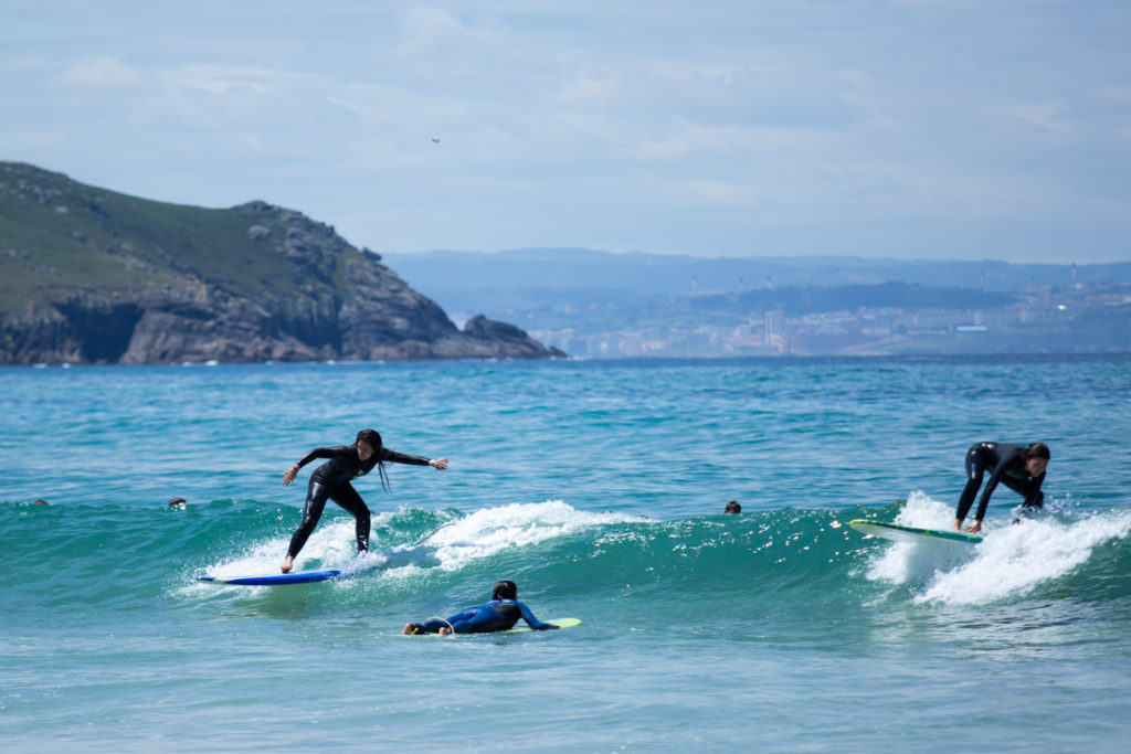 Surfers learning Praia de Doniños